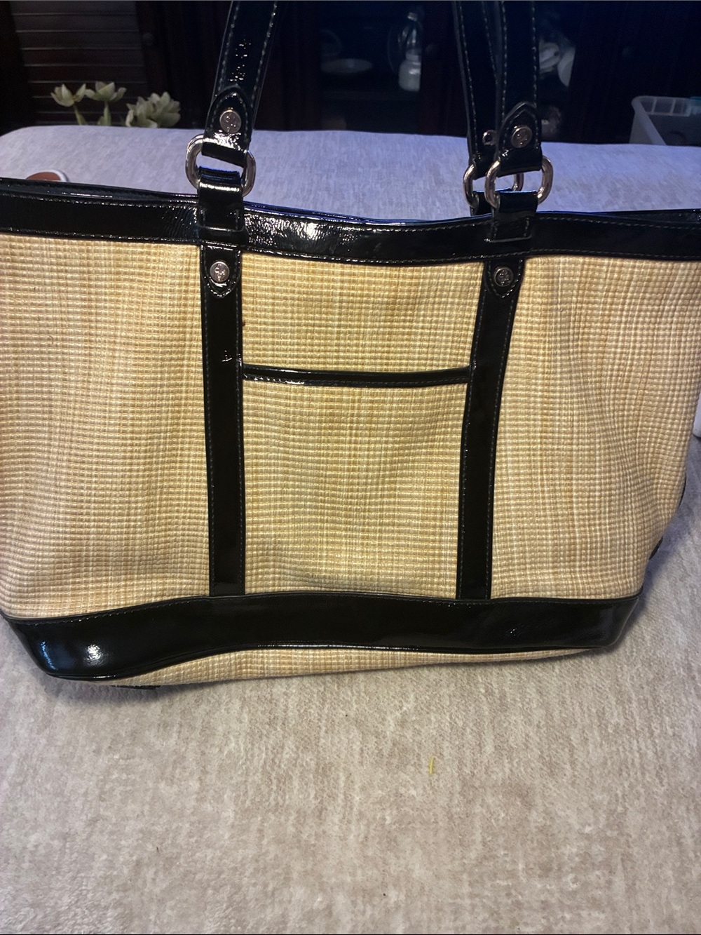 Cole Haan Cream Woven Tote with Black Trim